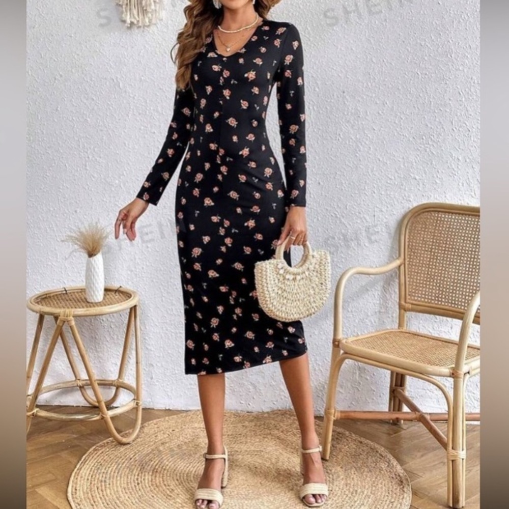 SHEIN VCAY Allover Floral Print Split Thigh Bodycon Dress size S new with tag - Picture 6 of 15